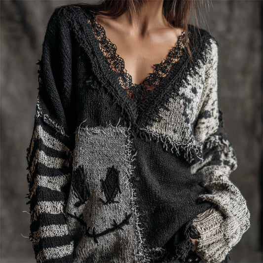 Halloween Spooky Face Contrast Patchwork Cozy Knit Sweater artswardrobe