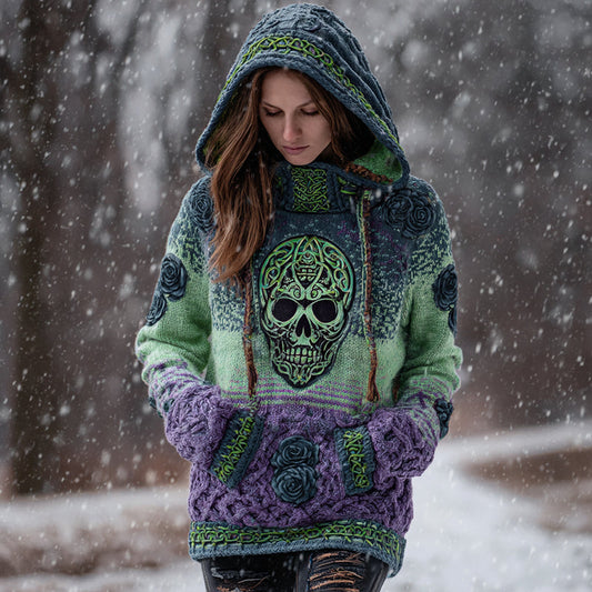 Women's Viking Tribal Jacquard Celtic With Rose And Skull Inspired Chunky Knit Hooded Sweater artswardrobe
