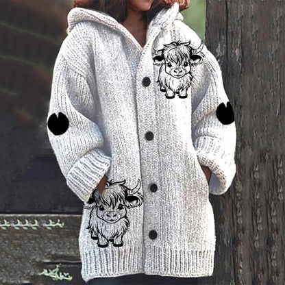 Women's Animal Highland Cow Print Knitted Cardigan artswardrobe