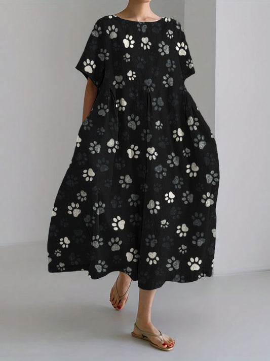 Comstylish Paw Prints Pattern Flowy Maxi Linen Blend Dress