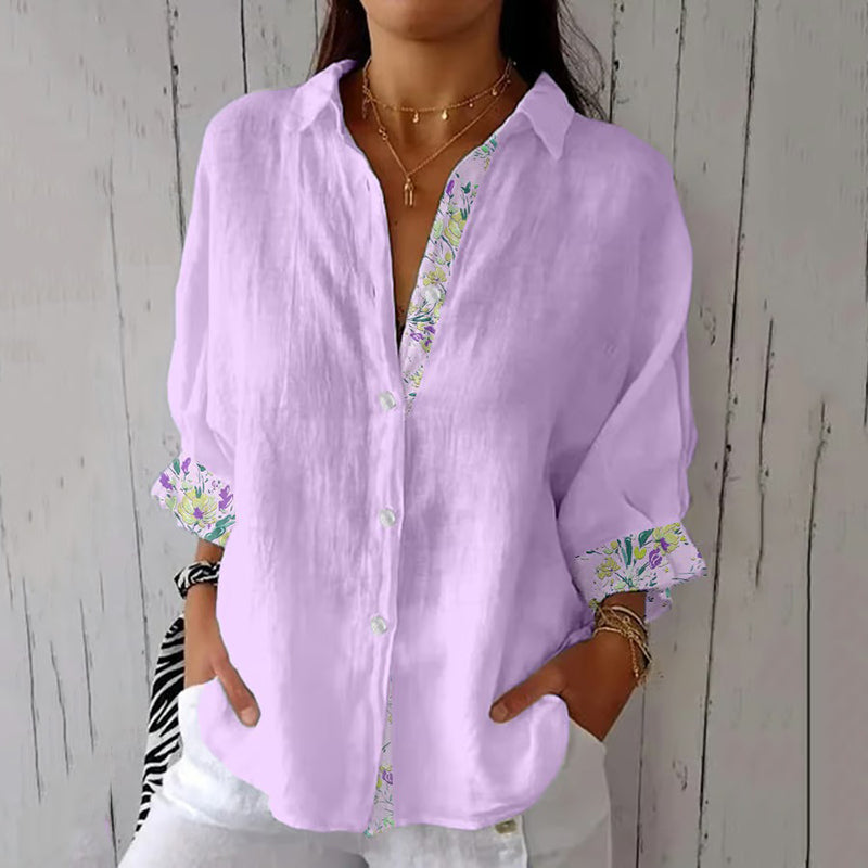 Comstylish Women's Vintage Oil Painting Floral Art Print Casual Linen Shirt