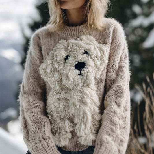 Cute Fuzzy Dog Embroidered Cozy Knit Sweater artswardrobe