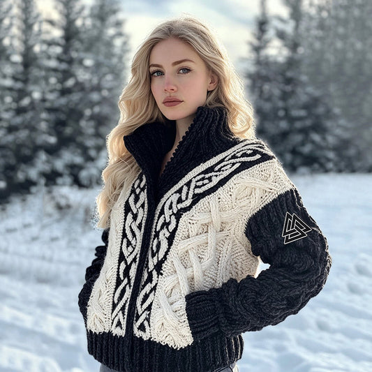 Women's Viking Tribal Jacquard Celtic Inspired Chunky Knit Zipper Cardigan artswardrobe