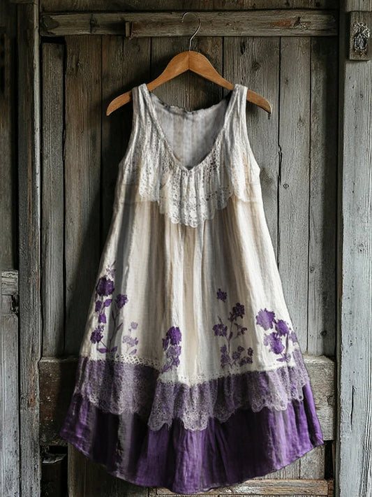 Women's Floral Patchwork Pattern Art Print V-Neck Pocket Cotton Dress
