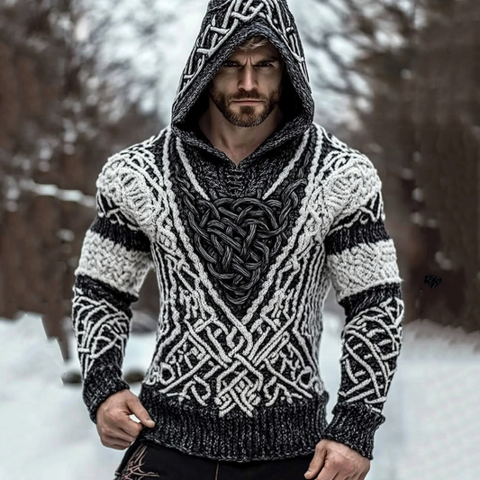 Men's Viking Jacquard Inspired Celtic Hooded Sweater artswardrobe