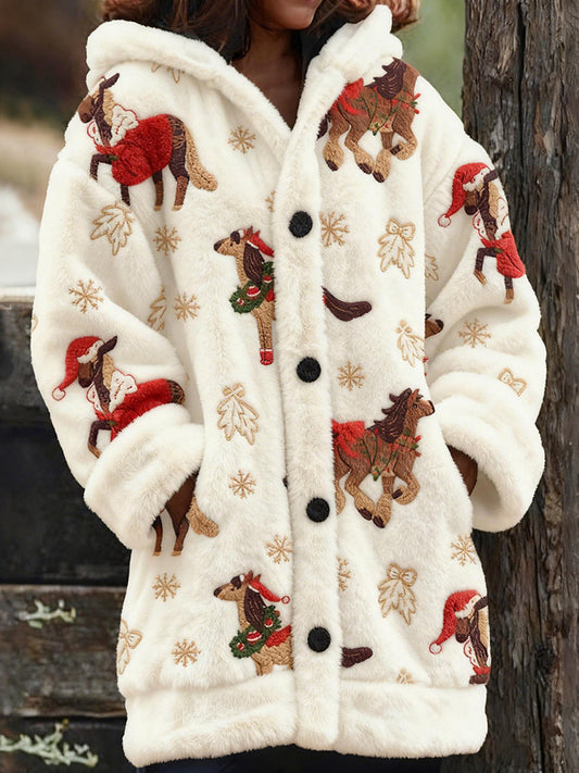 Comstylish Christmas Horses Art Embroidered Plush Hooded Cardigan