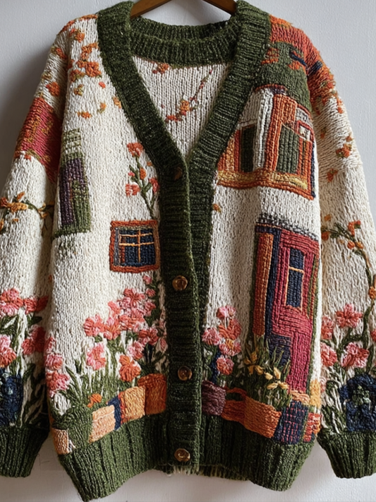 Bohemian Style Garden Pattern Design Women's Knitted Sweater Coat artswardrobe
