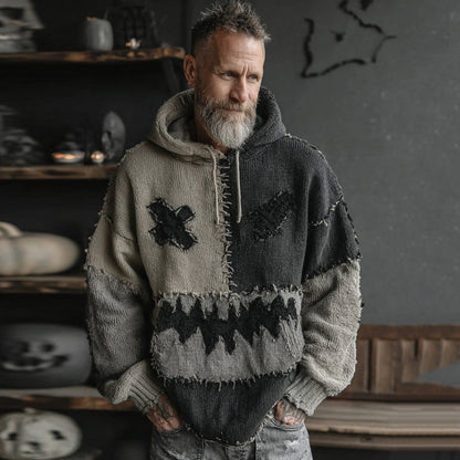 Men's Halloween Spooky Face Colorblock Stitched Hooded Cozy Knit Sweater elevenforest