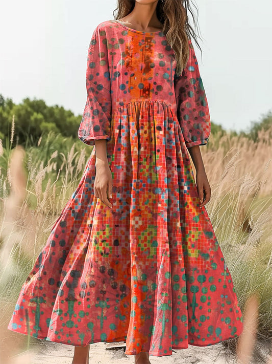 Women's Bohemian Floral Art Print Flowy Crew Neck Cotton Pocket Dress