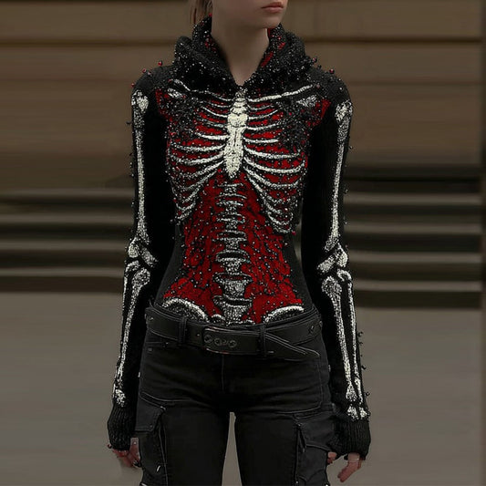 Women's Vintage Halloween Skull Sequin Art Knitted Hooded Sweater artswardrobe