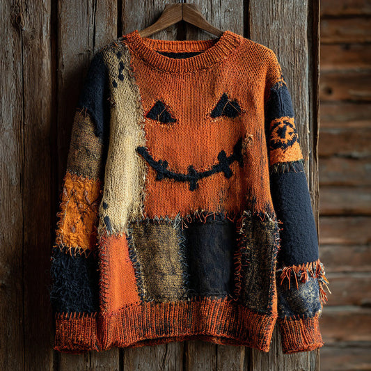 Halloween Pumpkin Face Contrast Stitched Cozy Knit Sweater artswardrobe