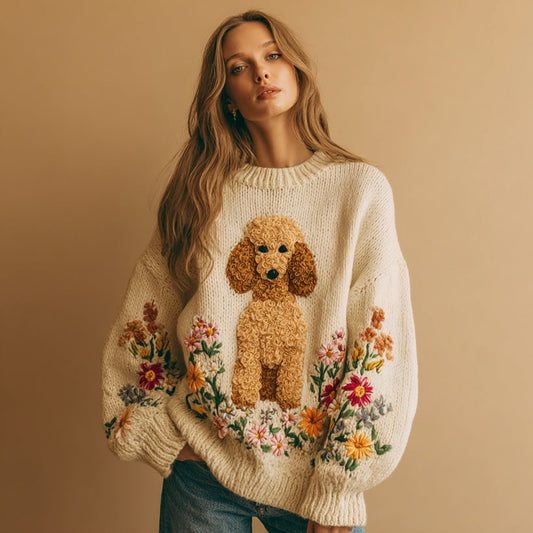 Vintage Fuzzy Dog Colorful Wildflower Embroidery Crochet Cozy Knit Sweater artswardrobe