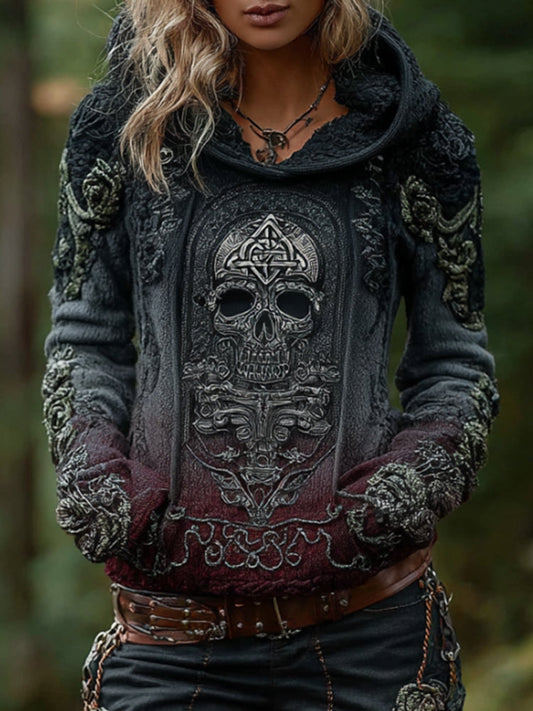 Women's Vintage Skeleton Celtic Triangle Gradient Hooded Sweater artswardrobe
