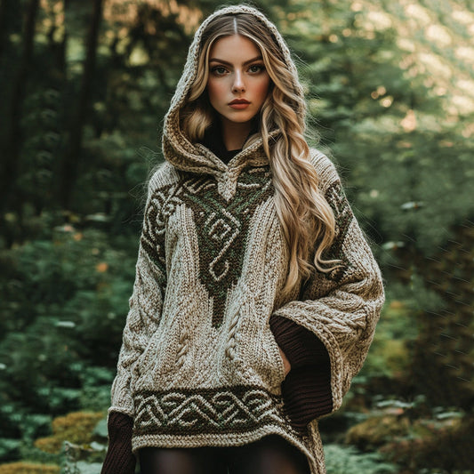 Women's Irish Celtic Contrasting Cord Jacquard Hooded Sweater artswardrobe