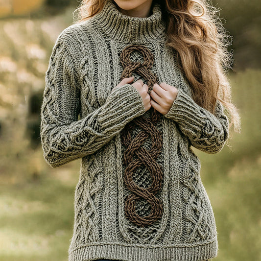 Women's Celtic Knotted Jacquard Turtleneck Aran Sweater artswardrobe
