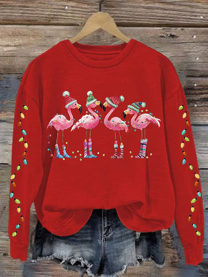 Comstylish Women's Christmas Flamingo Print Crewneck Sweatshirt