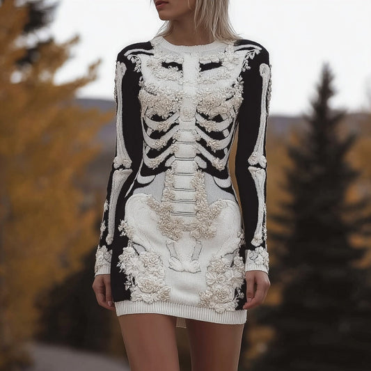 Vintage Halloween Skeleton Floral Art Cozy Sweater Dress artswardrobe