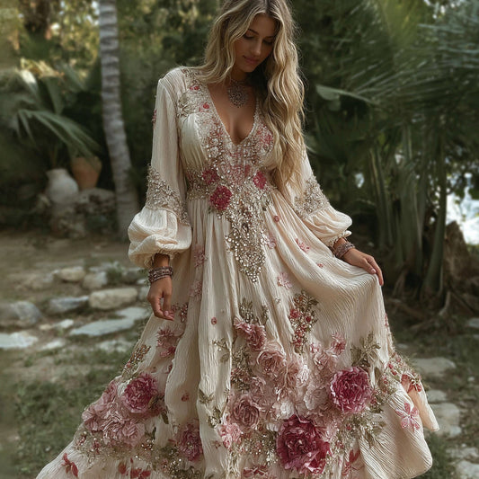 Women's Vintage Pink Roses Embroidery Art V-neck Long Sleeves Maxi Dress