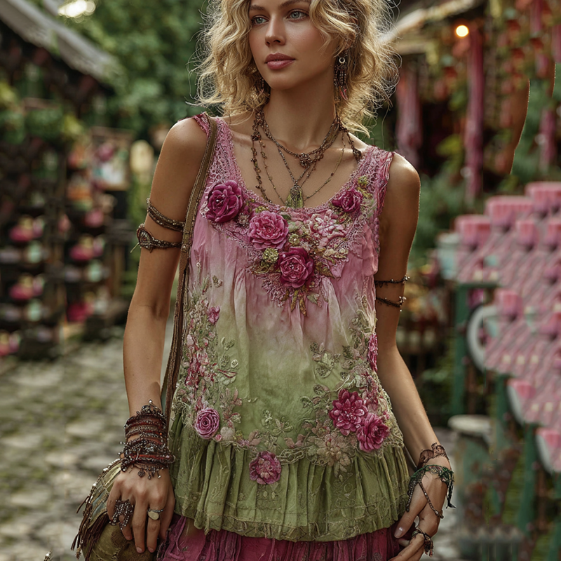 Women's Retro Classy Boho Rose And Floral Embroidered Art Linen And Cotton Tank Top artswardrobe