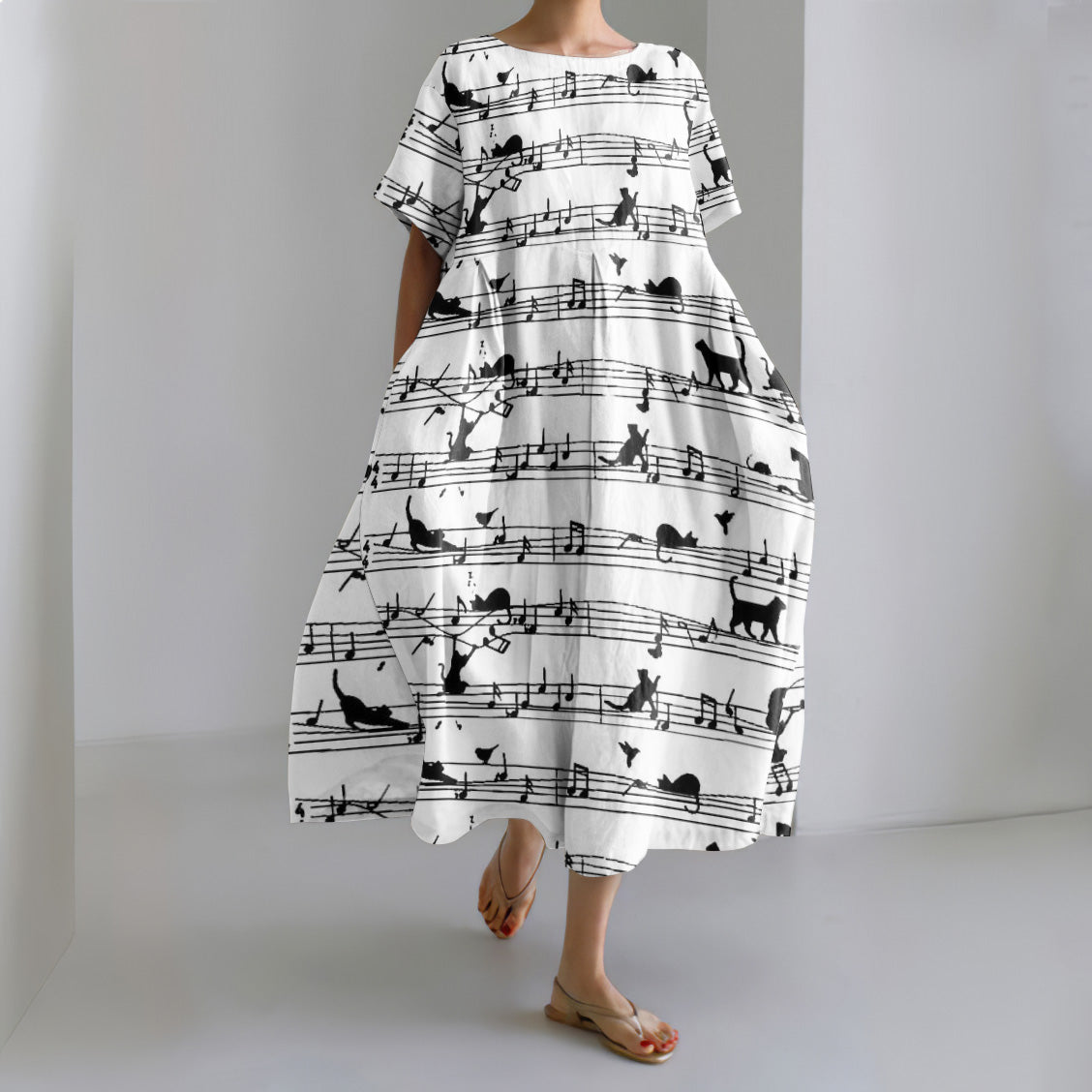 Abstract Cat On Sheet Music Print Loose Midi Dress elevenforest