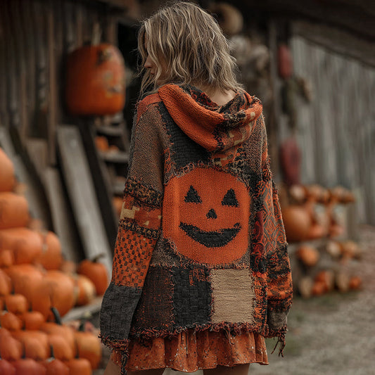 Patchwork Halloween Pumpkin Face Art  Cozy Knit Hooded Cardigan artswardrobe