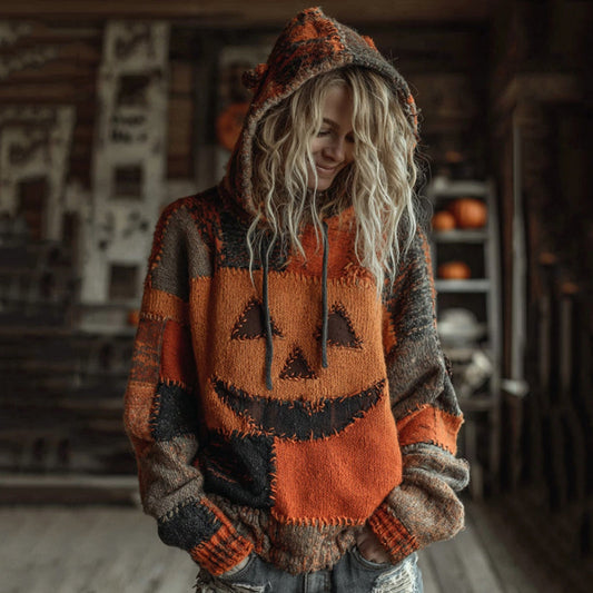 Halloween Pumpkin Face Patchwork Stitched Cozy Knit Hooded artswardrobe