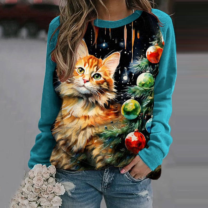 Christmas Cat Print Crew Neck Sweatshirt elevenforest