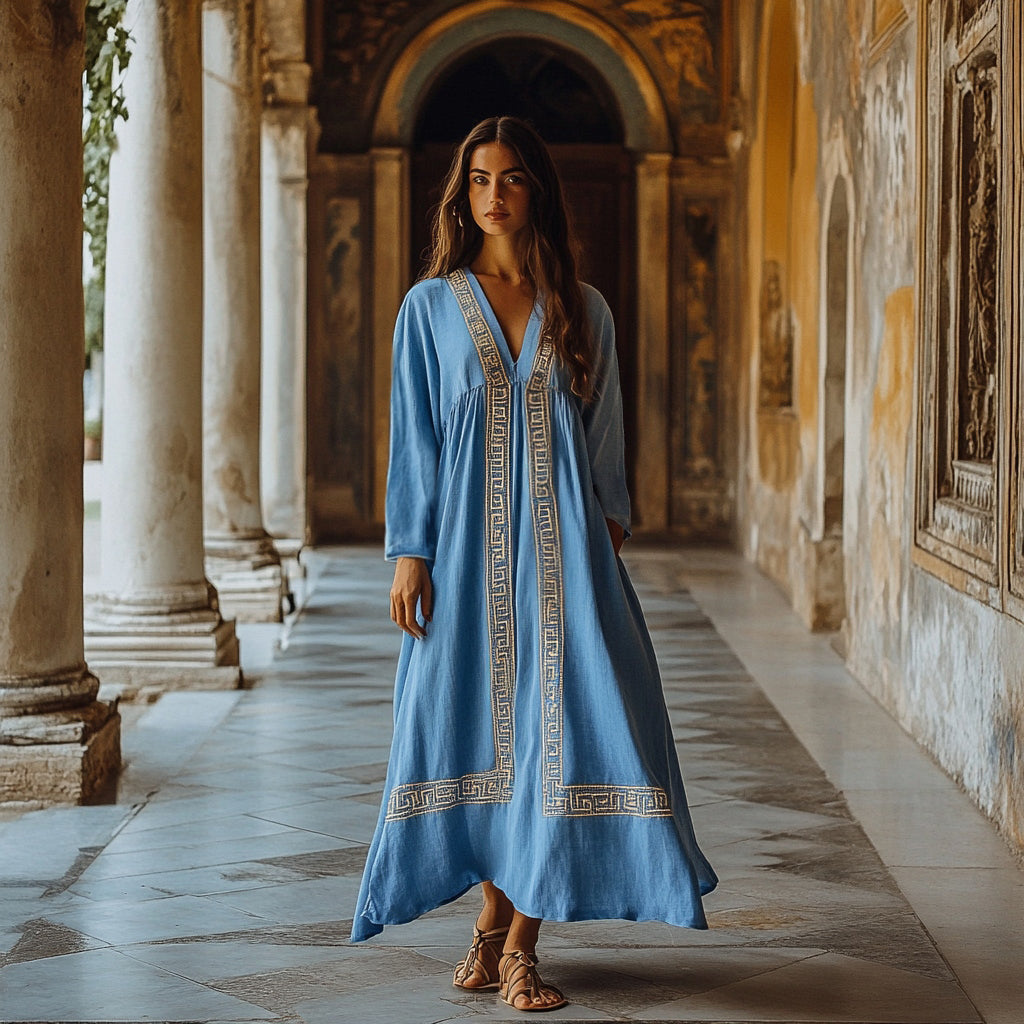 Greek Key Print V-neck Loose Midi Dress artswardrobe