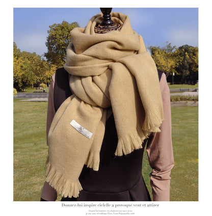 Women's Solid-color Cashmere Scarf with Thick Tassels