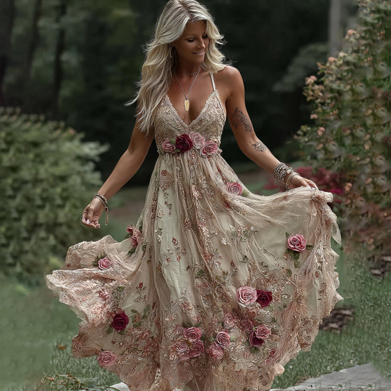 Comstylish Women's Vintage Rose Floral Embroidery Art V-neck Suspender Maxi Dress