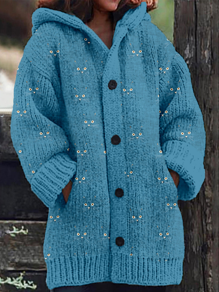 Cute Blue Cat Face Cozy Hooded Cardigan elevenforest