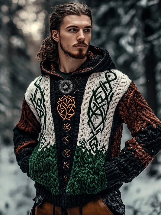 Vintage Viking Rune Patchwork Color Knitted Jacquard Crew Neck Hooded Sweater artswardrobe