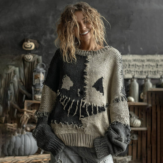 Women's Halloween Pumpkin Face Patchwork Cozy Knit Sweater artswardrobe