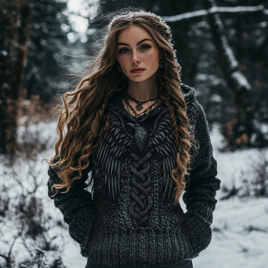 Women's Viking Bird Graphic Chunky Knit Celtic Knot Vintage Pocket Hooded Sweater artswardrobe