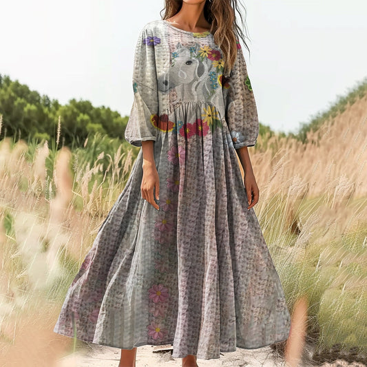 Women's Floral Horse Pattern Art Print Cotton Round Neck Dress