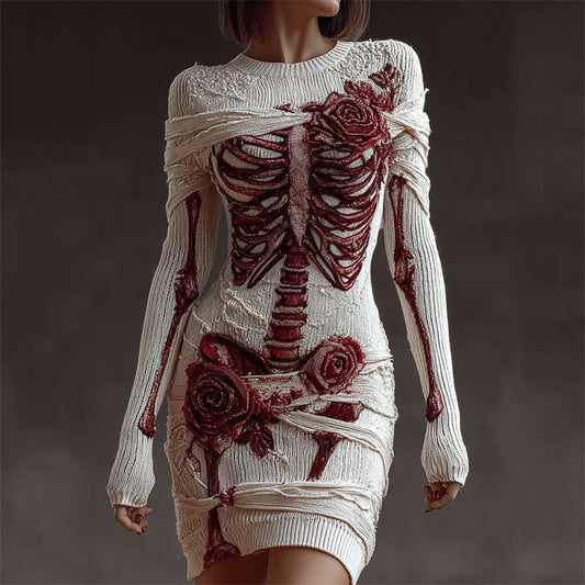 Bloody Skeleton Anatomy Roses Beaded Bandages Cozy Knit Sweater Dress artswardrobe