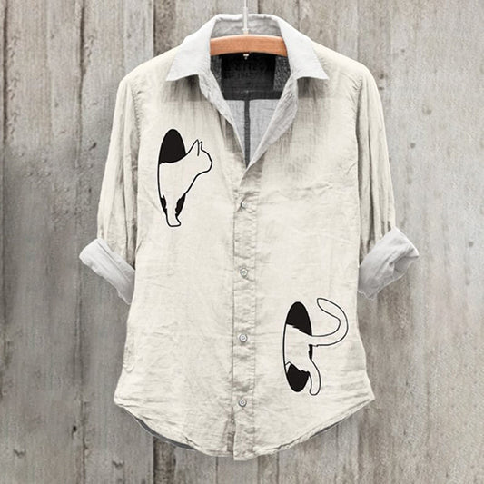 Cute Cat Print Long Sleeve Casual Shirt elevenforest