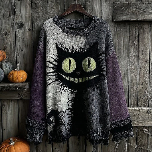 Halloween Black Cat Contrast Knitted Warm Crew Neck Sweater artswardrobe