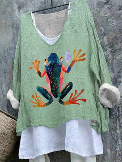 Comstylish Colorful Frog Embroidery Art Linen V-Neck T-Shirt
