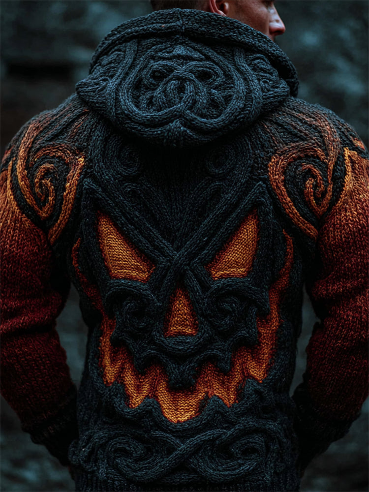 Men's Spooky Pumpkin Viking Celtic Cozy Chunky Hooded Full Zip Cardigan elevenforest