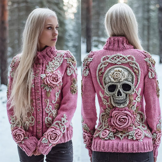 Skull & 3d Floral Knit Art Women's Stand Collar Sweater artswardrobe