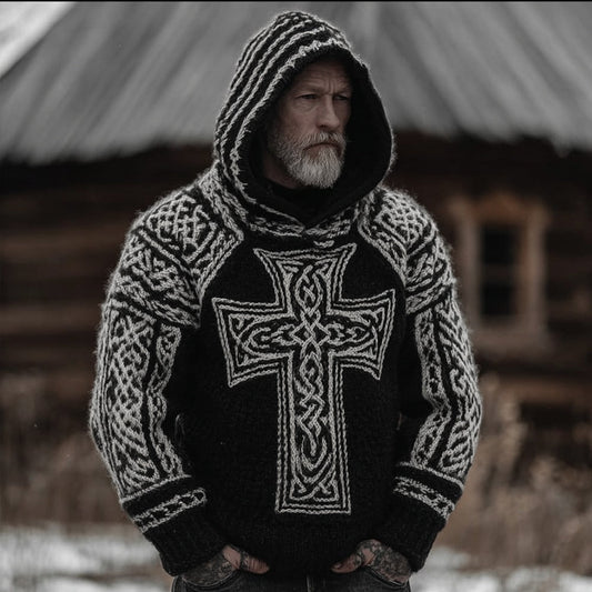 Men's Viking Style Celtic Cross Hooded Sweater artswardrobe