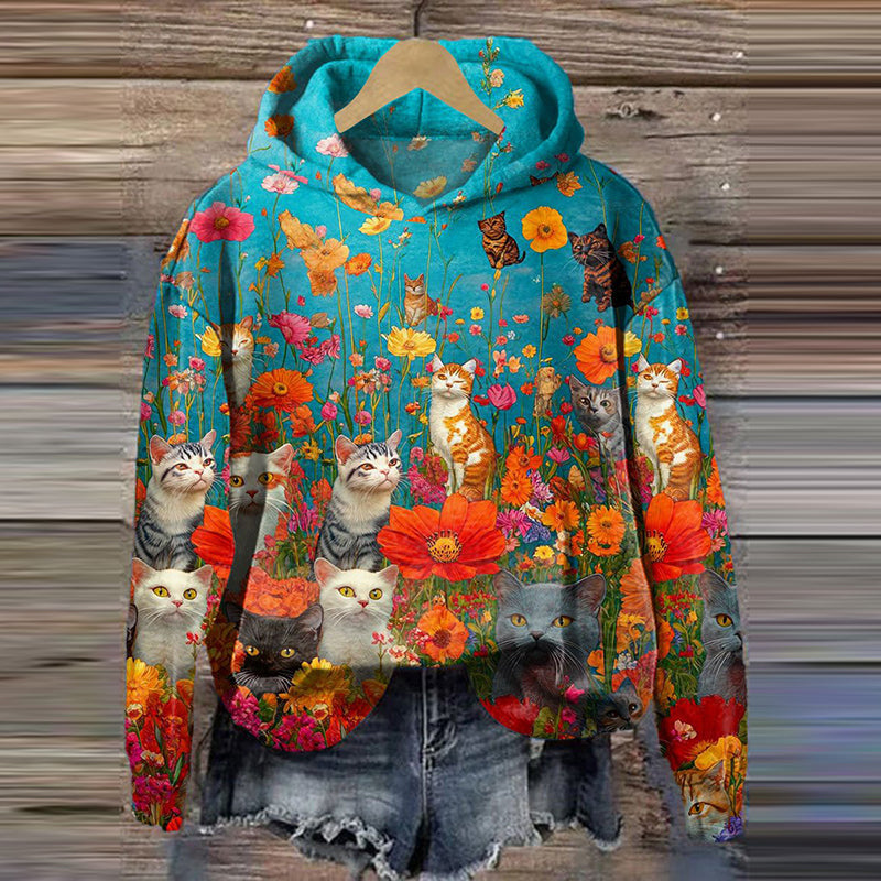 Women Cats And Floral Art Print Casual Hoodie elevenforest