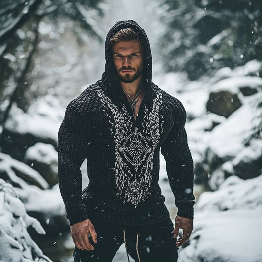 Men's Viking Tribal Dreamcatcher Jacquard Celtic Inspired Chunky Knit Hooded Sweater artswardrobe