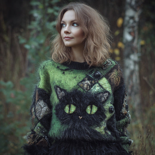 Women's Casual Vintage Halloween Black Cat Embroidered Sweater artswardrobe
