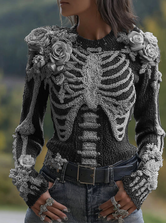Women's Halloween Skeleton Bones With Roses Art Knitted Warm Sweater artswardrobe
