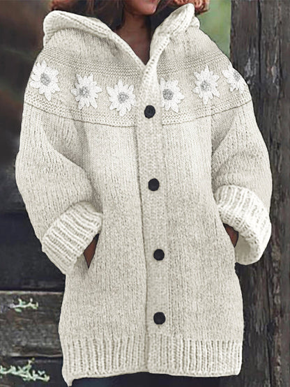 Vintage Flowers Crochet Yoke Cozy Knit Hooded Cardigan elevenforest
