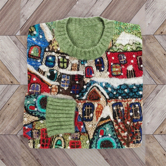 Snowy Christmas Houses Colorblock Knit Cozy Sweater artswardrobe