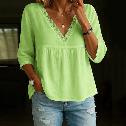 Women's Vintage Lace Cotton And Linen V-neck T-shirt artswardrobe