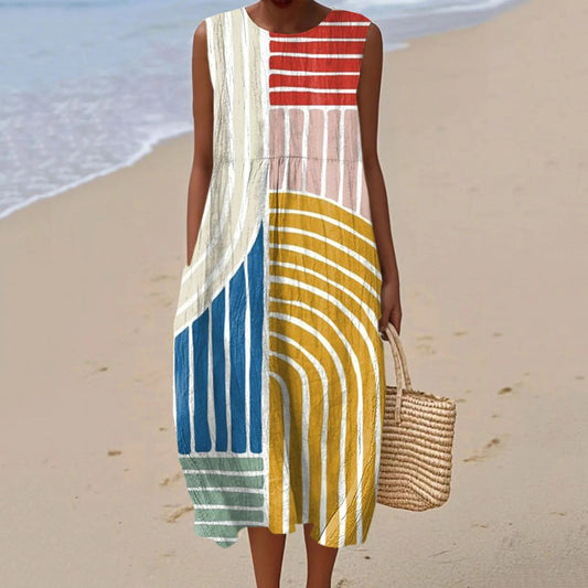 Comstylish Women's Vintage Abstract Stripes Art Print Cotton Casual Dress